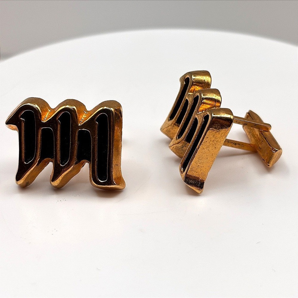 Vintage Men's Gold Tone Black Enamel Initial Letter Monogram Cufflinks